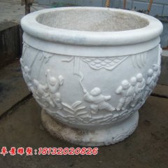 漢白玉花盆雕塑，白色石頭花盆