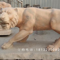 石雕老虎，公園晚霞紅老虎石雕