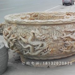 晚霞紅水缸石雕，龍浮雕水缸
