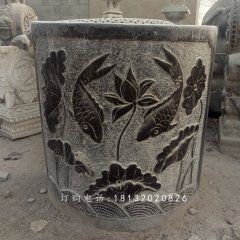 仿古青石水缸石雕，魚戲水中浮雕水缸雕塑