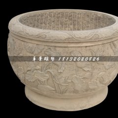 水缸石雕，荷花浮雕水缸