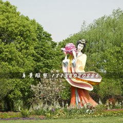 古代美女采花雕塑，玻璃鋼仿真人物雕塑