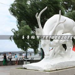 母子鹿石雕，漢白玉動物雕塑