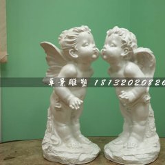 親吻小天使石雕，漢白玉小孩石雕