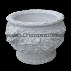 龍浮雕水缸，漢白玉水缸