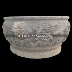 龍浮雕水缸，青石水缸
