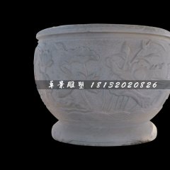 荷花浮雕水缸，圓形水缸雕塑