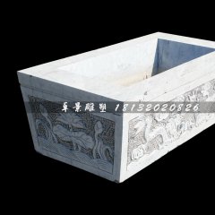 雙龍戲珠石浮雕水缸，方形水缸石雕
