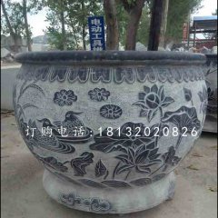 荷花石浮雕水盆，青石水缸