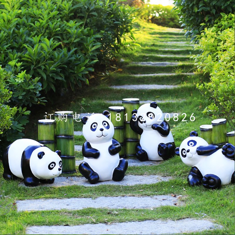 吃竹子的熊貓雕塑，玻璃鋼仿真動物雕塑