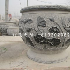 荷花鯉魚石浮雕水缸，青石仿古水缸