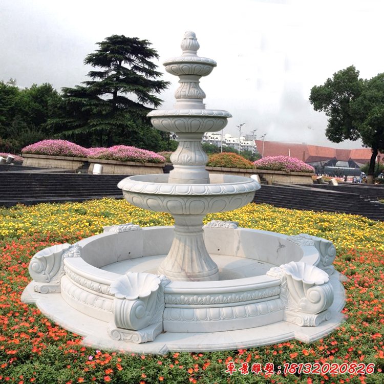 漢白玉三層噴泉石雕，公園歐式噴泉石雕[1]